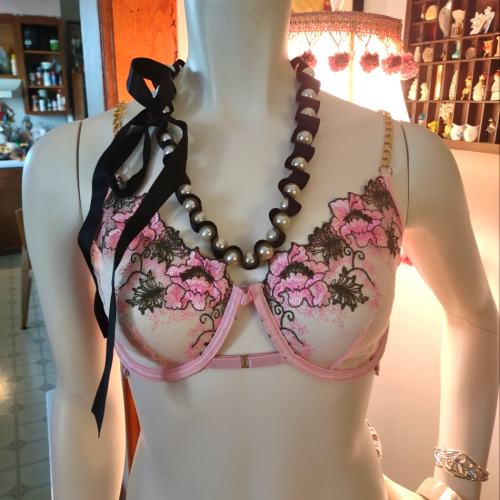 Pink Floral Embroidered Bra